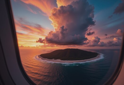 Fototapeta Sunset view of a tropical island seen through an airplane window