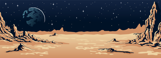 Alien Planet Landscape - Vector Sci-Fi Desert Background with Stars and Craters. Rocky terrain, distant mountains, star-filled night sky. Celestial body rises in the background.