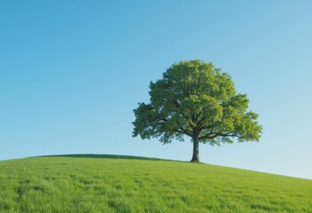 Fototapeta premium Single tree on a green hill under a clear blue sky