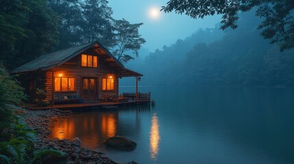 Fototapeta premium Luminous cabin on a misty lake at night