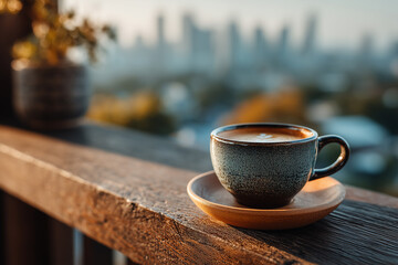 A coffee cup placed on a small balcony table, blurred city or nature view in the background, space on the left for text
