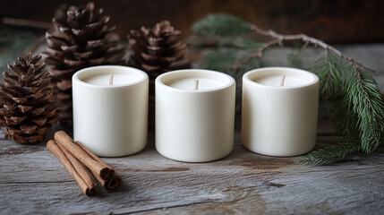 Minimal rustic candle arrangement with pinecones and cinnamon sticks for holiday decoration, cozy winter mood, and natural wellness visuals

