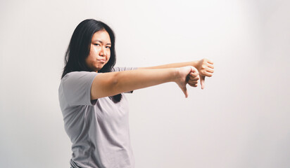 Asian girl expresses dislike, person express negative feeling, concept business complaint from...