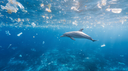 海中に漂うごみとイルカ
