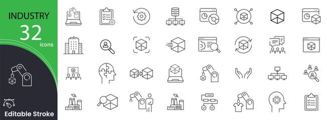 Industry related icons set. Including factory, production, gear, engineering, manufacturing, machinery, tools, and process. Editable stroke. outline icons.