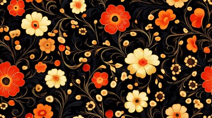 Classic Khokhloma seamless texture with floral curls and berries, perfect for folk-themed design and craft-based visuals.