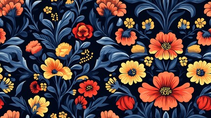 Classic Khokhloma seamless texture with floral curls and berries, perfect for folk-themed design and craft-based visuals.