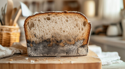 Moldy bread on a wooden table in the kitchen.