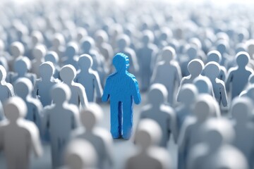 A blue figure stands out in a crowd of people