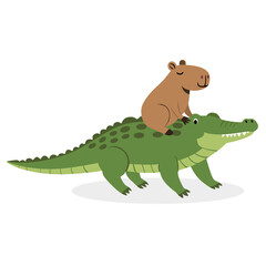 Cute cartoon illustration of a capybara sitting comfortably on the back of a friendly alligator