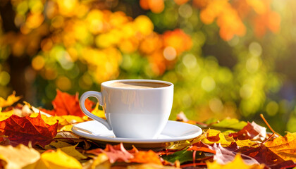 A cozy cup of coffee sits amidst a bed of vibrant autumn leaves, creating a warm, inviting scene, perfect for fall.