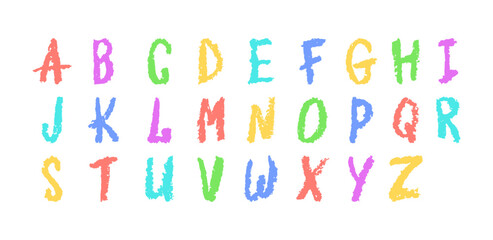 English alphabet hand-drawn in a crayon. Capital colorful letters in chalk, pastel, or wax style. Highlighter effect on white board for kindergarten drawing and learning. Cartoon vector illustration.