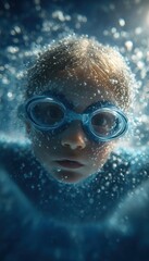 A young girl is underwater wearing goggles and a blue swimsuit