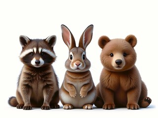 Fototapeta premium A raccoon, bunny, and bear sit side by side, showcasing forest friendship and charm. Their soft fur and warm eyes invite smiles in any nursery or storybook scene.