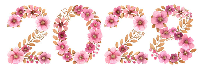 Watercolor hand drawn colorful lettering Number isolated background. Handwritten message. Colored Numbers date 2028 year. Print, cards, design, banner, poster, calendar. Pink Flowers Blossom leaves