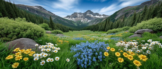 Mountain Meadow Panorama: A vibrant mountain meadow unfolds beneath a bright blue sky, showcasing a symphony of wildflowers, lush greenery, and towering mountains.