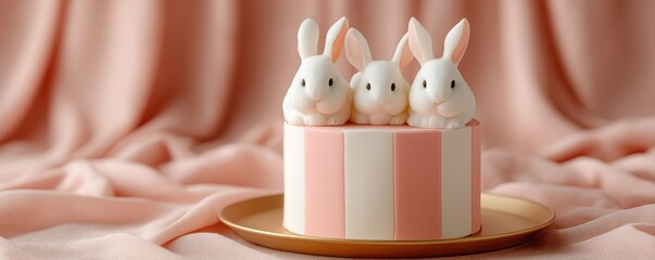 Cute bunny cake design with pastel colors and soft fabric backdrop.