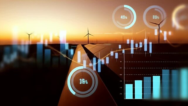 Scenic Sunset Over Solar Panels and Wind Turbines with Data Visualization of Green Energy and Finance - Powered by Adobe
