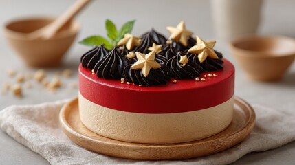 A beautifully decorated cake topped with chocolate frosting and golden stars.