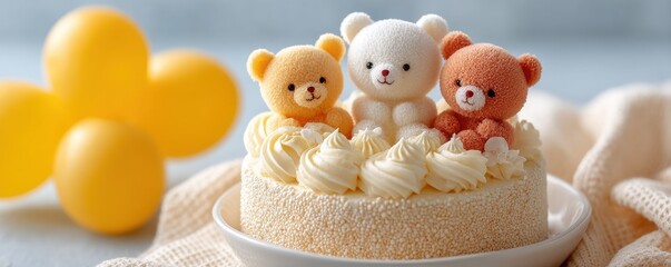 Delightful cake topped with cute bear figurines and a cheerful yellow balloon.