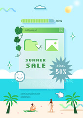 Cute retro summer sale pop up window with beach scene illustration