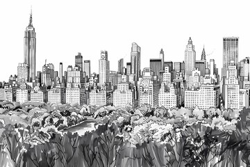 Black and white detailed sketch of New York city skyline with central park, trees, skyscrapers, pen drawing