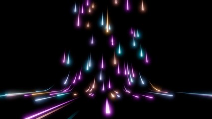 Dynamic formation of glowing streaks converging and dispersing on dark background, visualizing...