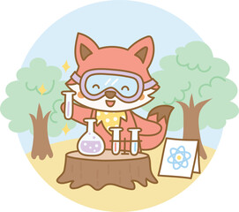 Curious fox experimenting with colorful test tubes in a whimsical forest science lab