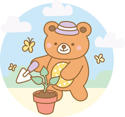 Bear planting a sprout in a pot surrounded by butterflies in a cheerful garden scene