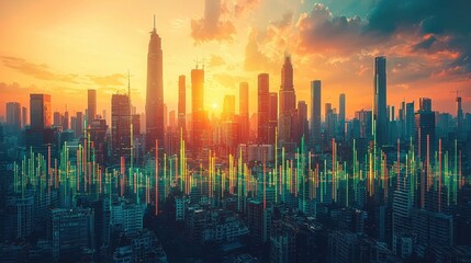 Urban skyline at sunset with financial data visualization overlay