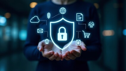 Cybersecurity concept. Lock icon and password input. Woman using laptop with shield icon representing cyber security, online security measures, password protection, data privacy, scam, Internet fraud