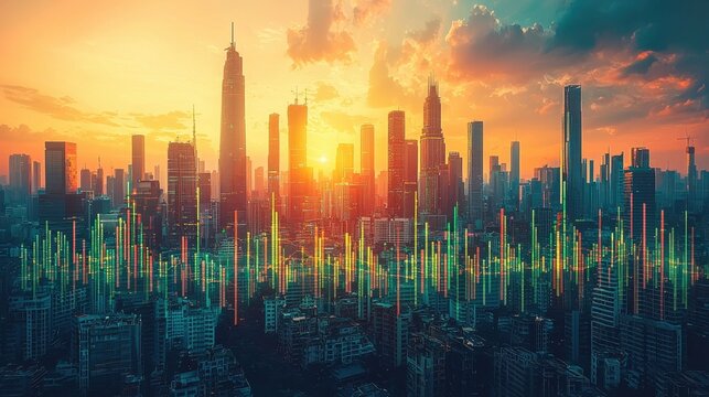 Urban skyline at sunset with financial data visualization overlay