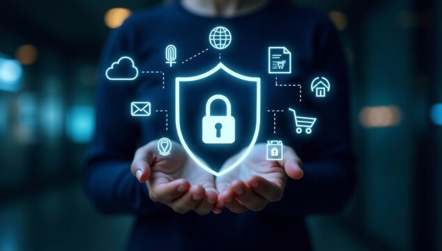 Cybersecurity concept. Lock icon and password input. Woman using laptop with shield icon representing cyber security, online security measures, password protection, data privacy, scam, Internet fraud