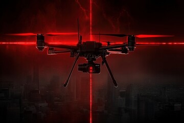 Dark surveillance drone with red laser scanning over futuristic city