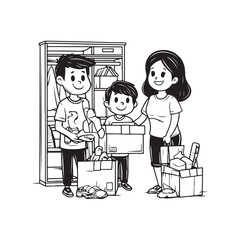 Vector illustration of a family shopping together in a cheerful and harmonious atmosphere isolated on white background.