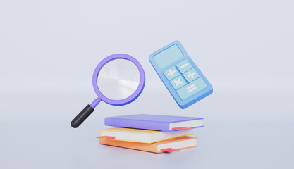 Books with calculator and magnifying glass 3d illustration