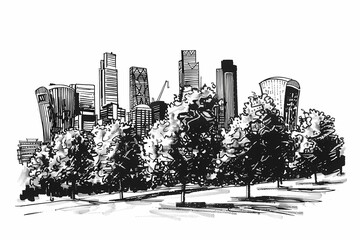 Black and white pen drawing of London skyline with modern skyscrapers and a large city park with trees