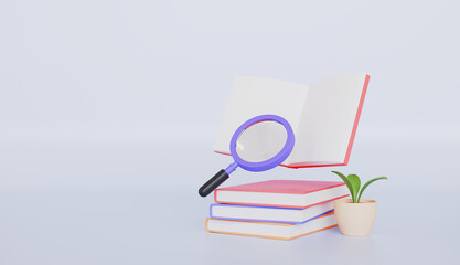 Search the knowledge in books and magnifying glass 3d rendering