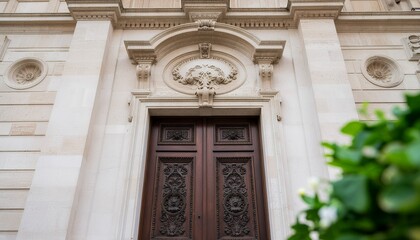 A detailed view of an ornately carved wooden door set within a classical stone facade, architectural elegance.