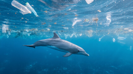 Fototapeta premium 海中のイルカと海洋汚染 