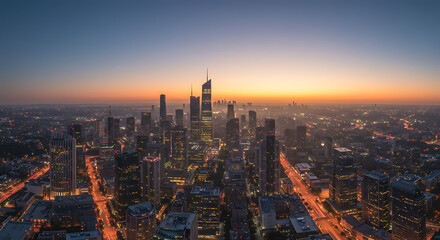 Naklejka premium Illuminated Cityscape at Dusk Towering Buildings and Glowing Streets