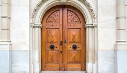 A close-up shot features a grand wooden door in an architectural setting. The entrance is framed by ornate stonework, showcasing craftsmanship.