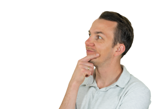 Man thinking with hand on chin, expressing contemplation or curiosity in studio portrait. Isolated. Transparent png.