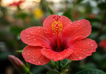 Striking red hibiscus flower with water droplets in an exquisite, detailed close up.