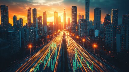 Obraz premium Vibrant City Skyline with Sunset and Light Trails in Urban Landscape