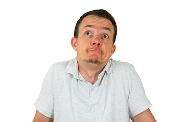 Fototapeta premium Confused man shrugging shoulders looking up with raised eyebrows, expressing uncertainty or lack of knowledge. Isolated portrait. Transparent png.