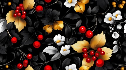 Khokhloma-style pattern with stylized folk motifs and swirling leaves, perfect for authentic textile prints and traditional surface design.