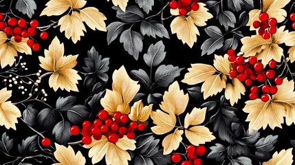 Khokhloma-style pattern with stylized folk motifs and swirling leaves, perfect for authentic textile prints and traditional surface design.