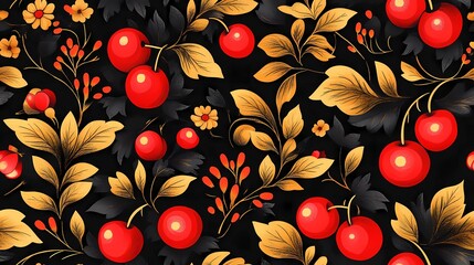 Khokhloma-style pattern with stylized folk motifs and swirling leaves, perfect for authentic textile prints and traditional surface design.