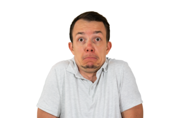 Man shrugging with wide eyes expressing shock or awkward surprise. Isolated portrait. Transparent png.